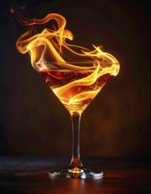 AI generated image showing a flaming cocktail in dark ambiance