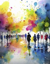 AI generated urban theme showing a wet street scenery with lots of people in multicolored vibrant