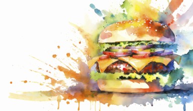 AI generated image showing a big fast food burger, watercolor style with splashes and spots