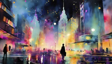 AI generated image showing the colorful illuminated impression of a big city at night, watercolor