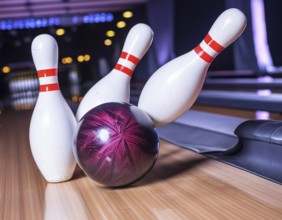 AI generated image showing a closeup bowling scenery with ball and pins