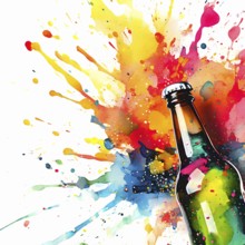 Refreshing beverages theme showing a soft drink bottle in multicolored vibrant splashy ambiance. AI