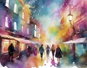 AI generated image showing a vivid illuminated city scenery, watercolor style with splashes and