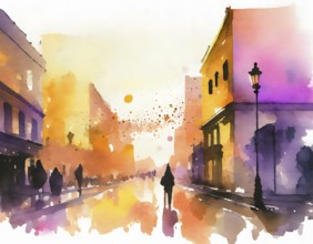 AI generated image showing a vivid illuminated town street including some pedestrians, watercolor