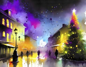 AI generated image showing a vivid illuminated city scenery including a christmas tree, watercolor
