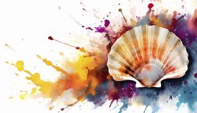 Symbolic theme showing a great scallop shell in multicolored vibrant splashy ambiance. AI generated