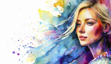 AI generated image showing the portrait of a young woman in colorful ambiance, watercolor style