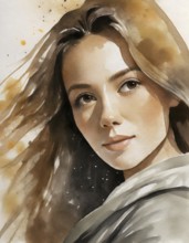 AI generated image showing the portrait of a young woman, watercolor style with splashes and spots