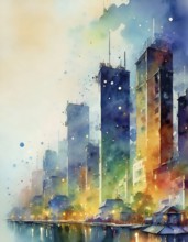 AI generated image showing the colorful impression of a big city, watercolor style with splashes