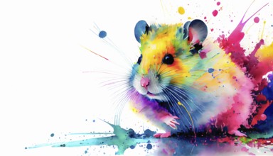Pet and animal theme showing a hamster in multicolored vibrant splashy ambiance. AI generated image