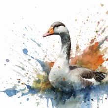 Animal and wildlife theme showing a goose swimming in multicolored vibrant splashy ambiance. AI