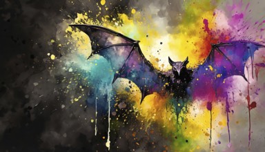 Animal and Halloween theme showing a flying bat in multicolored vibrant splashy ambiance. AI