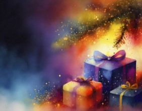 AI generated image showing some christmas presents under a christmas tree, watercolor style with