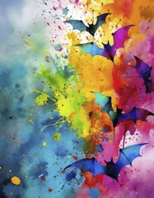 Animal and Halloween theme showing flying bats in multicolored vibrant splashy ambiance. AI