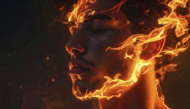 AI generated image showing a flaming male head in dark ambiance