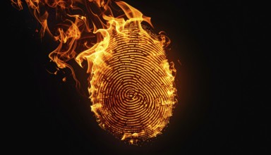 AI generated image showing a flaming finger print in dark ambiance