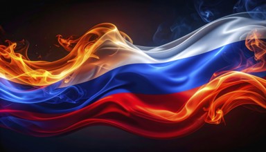 AI generated Image showing a flaming russian flag in dark ambiance