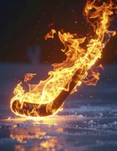 AI generated image showing a flaming ice hockey stick in dark ambiance