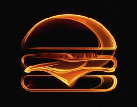 AI generated image showing a hot flaming burger in dark ambiance