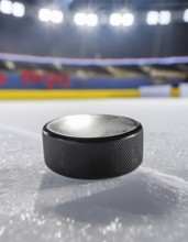AI generated image showing a puck on ice surface in a stadium
