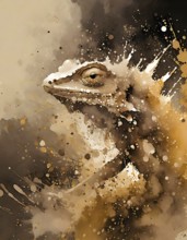 Animal and wildlife theme showing the portrait of a lizard in brown splashy ambiance. AI generated