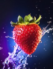 Strawberry fruit in wet ambiance. AI illustration with liquid splashes in dark blue back, AI