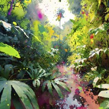 Natural conservation and tropical theme showing a dense jungle vegetation in multicolored vibrant