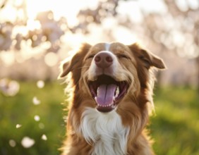 Ai generated dog with open muzzle portrait in natural blurry back