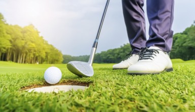 AI generated image showing a golf ball and golf club closeup near hole on a course in sunny