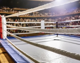 AI generated image showing a boxing scenery with boxing ring and audience