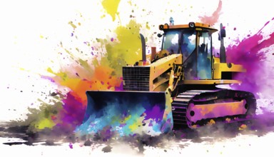 Construction theme showing a bulldozer in multicolored vibrant splashy ambiance. AI generated image
