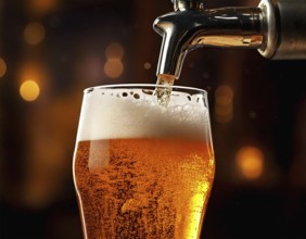 AI generated closeup image showing a beer tap while pouring beer in a glass