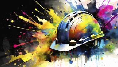 Construction theme showing a yellow hard hat in multicolored vibrant splashy ambiance. AI generated