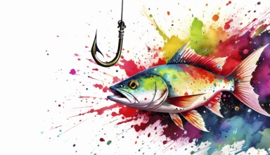 Angling theme showing a fish and fishing hook in multicolored vibrant splashy ambiance. AI