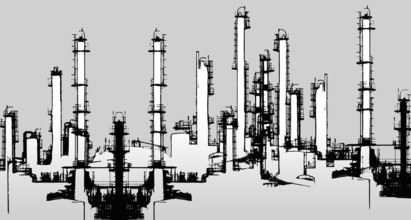 Black and white halftone Oil refinery illustration