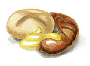Watercolor illustration showing a sausage with mustard and roll