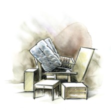 Watercolor and crayon illustration showing some bulky waste with furniture and mattress