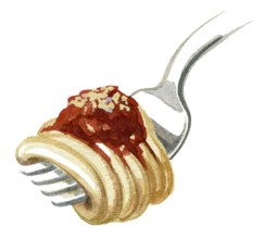 Watercolor illustration showing a fork with spaghetti noodles and tomato sauce in white back