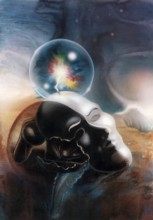 Surreal picture painted by me showing a human figure hidung under a mask