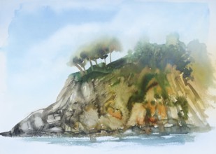 Watercolor painting showing a coastal landscape in Tuscany at summer time