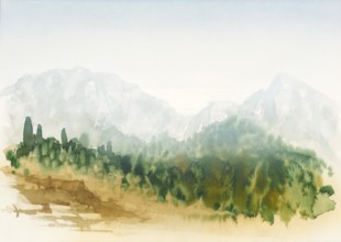 Watercolor painting showing a landscape in Tuscany at summer time