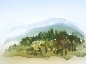 Watercolor painting showing a landscape in Tuscany at summer time