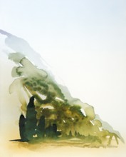 Watercolor painting showing a landscape in Tuscany at summer time