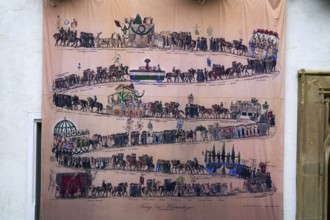 Historical depiction of folk festival parade, at the town hall, Bad Cannstatt, Stuttgart,