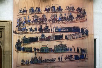 Historical depiction of folk festival parade, at the town hall, Bad Cannstatt, Stuttgart,