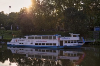 Passenger ship Neckar-Perle anchored after an accident, Neckar Bad Cannstatt, Stuttgart,