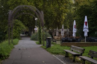 Beer garden on the Neckar, Neckar beer garden, empty, closed, Dinkelacker logo, Bad Cannstatt,