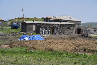 Rural farm with stone buildings and thatch, surrounded by green landscape, house, cow dung in
