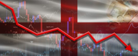 England financial crisis on economic graph. Financial fall of England on economy market