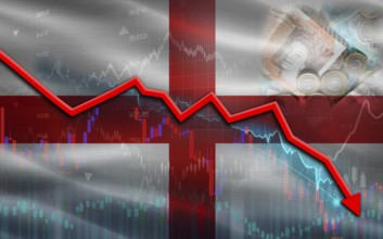 England financial fall on economy market. England financial crisis on economic graph